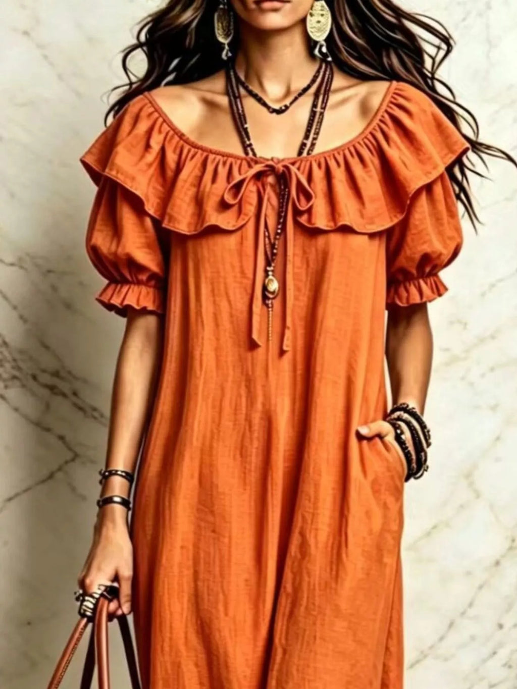 Ruffle Trim Puff Sleeve Maxi Dress (5)