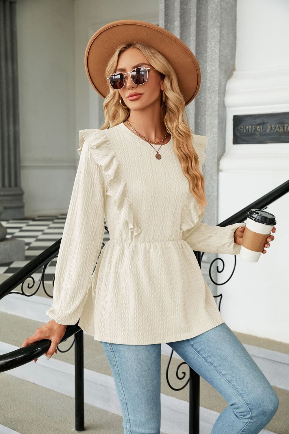 Round Neck Ruffled Peplum Blouse (5)