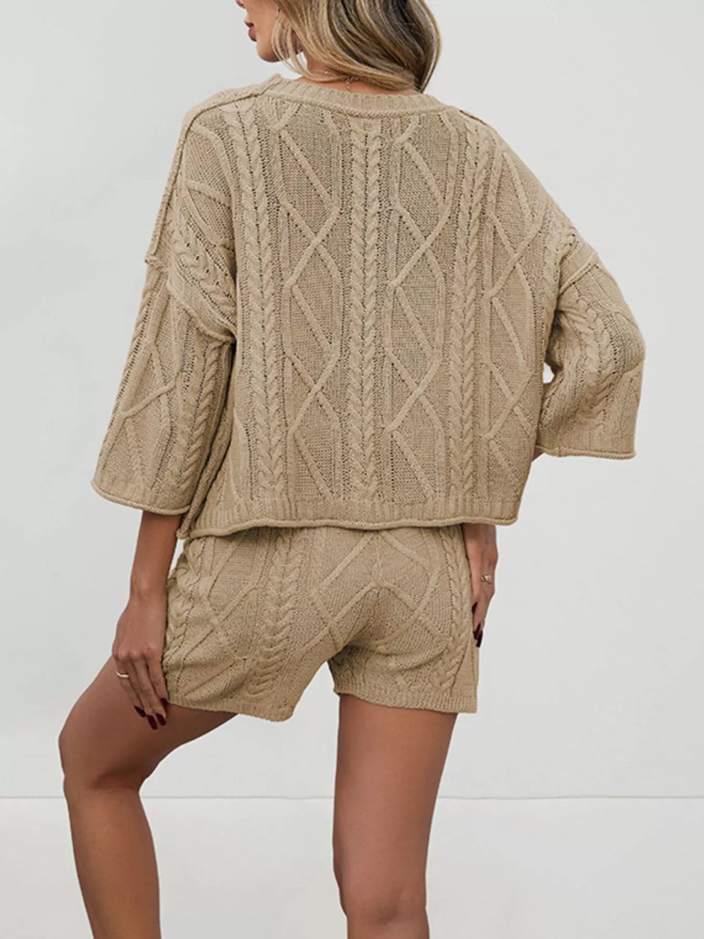 Cable Knit 3/4 Sleeve Sweater Shorts Set (6)