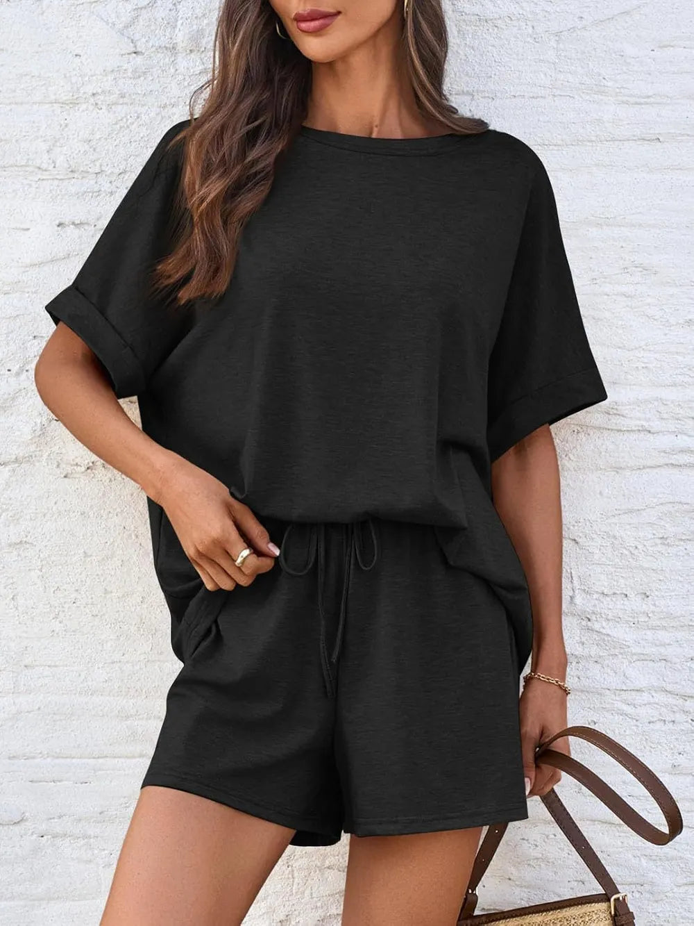 Round Neck T-shirt Drawstring Shorts Set (4)