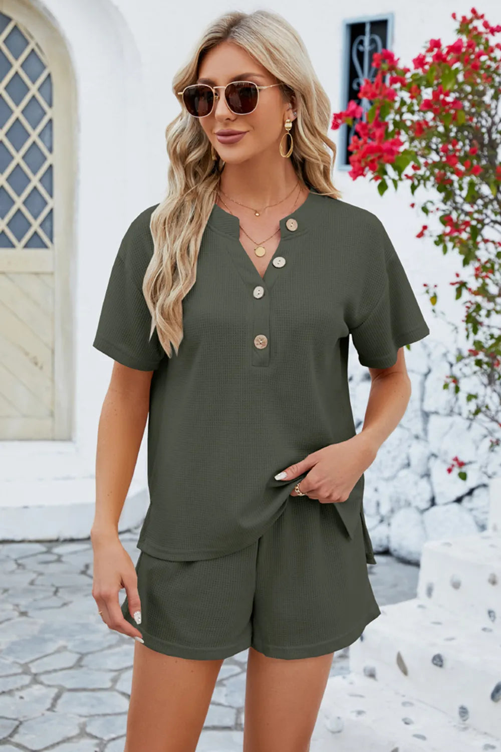 Notched Button Detail Dropped Shoulder Top Shorts Set (28)
