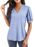 Puff Sleeve Notched Casual T-shirt (21)