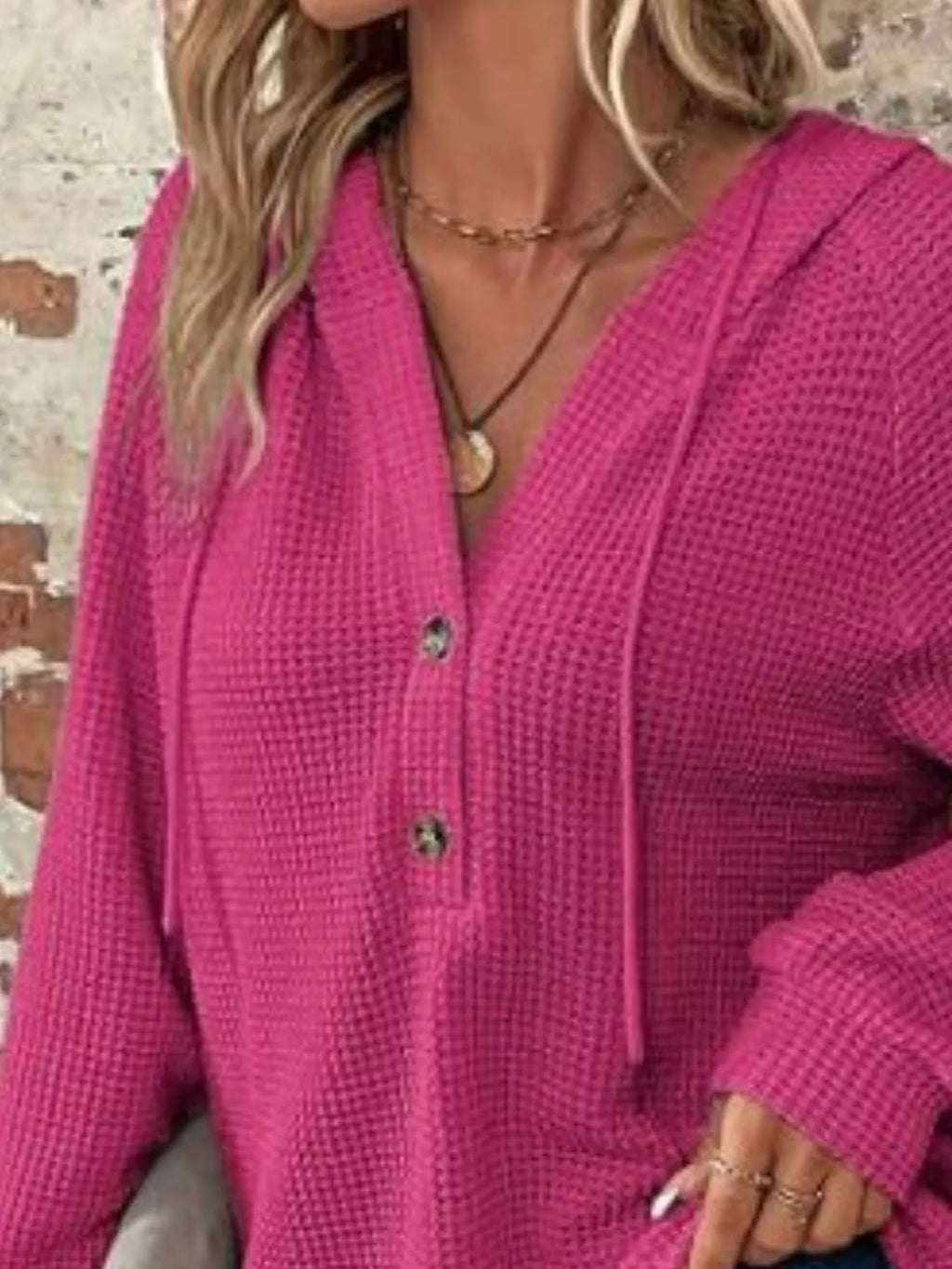 Waffle Knit Button Detail Hoodie (25)