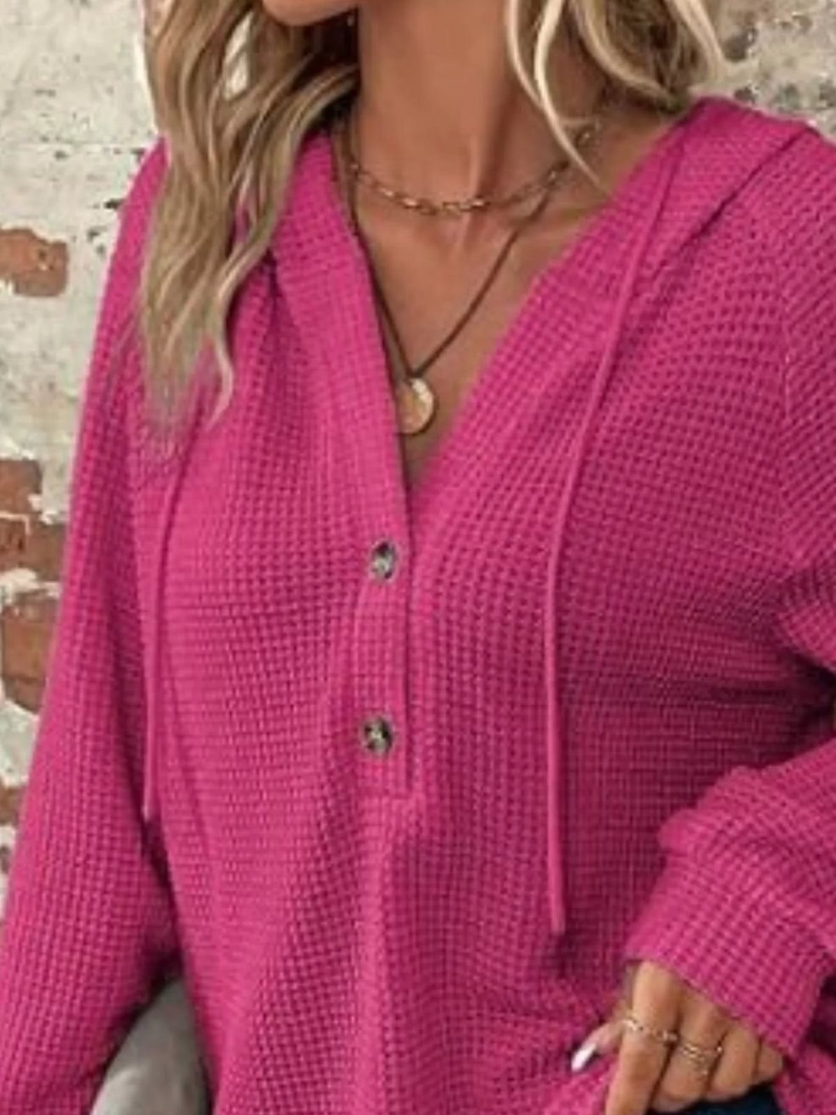 Waffle Knit Button Detail Hoodie (25)