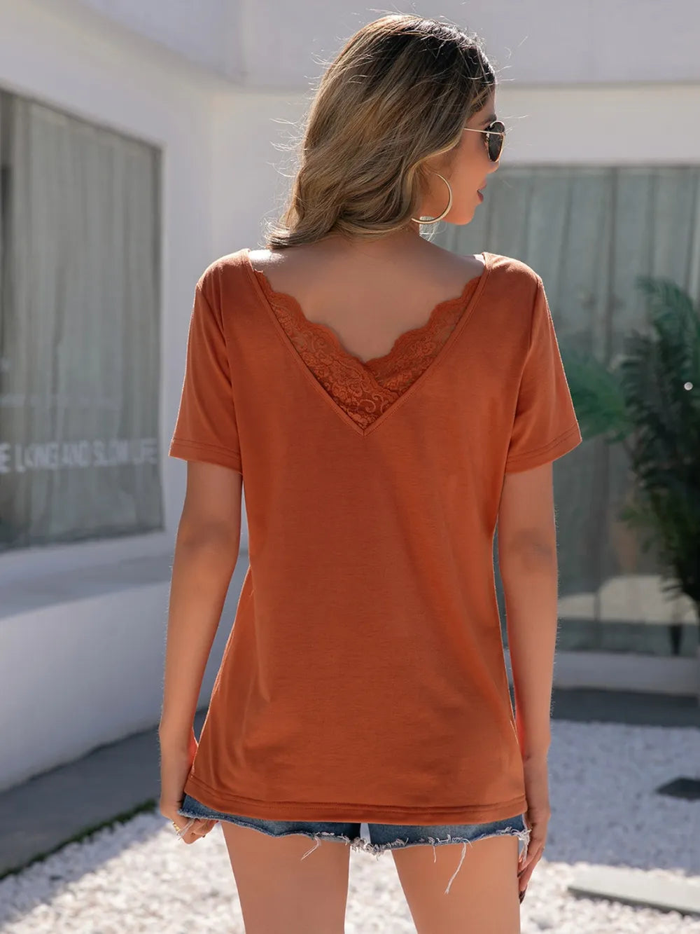 Lace Detail V-neck Short Sleeve T-shirt (8)