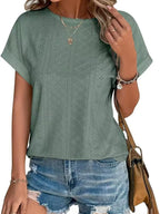Eyelet Round Neck Short Sleeve T-shirt (17)