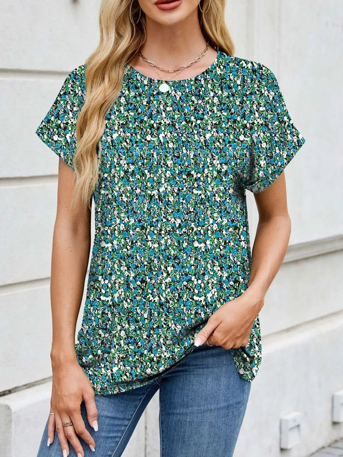 Printed Round Neck Short Sleeve Top (22)