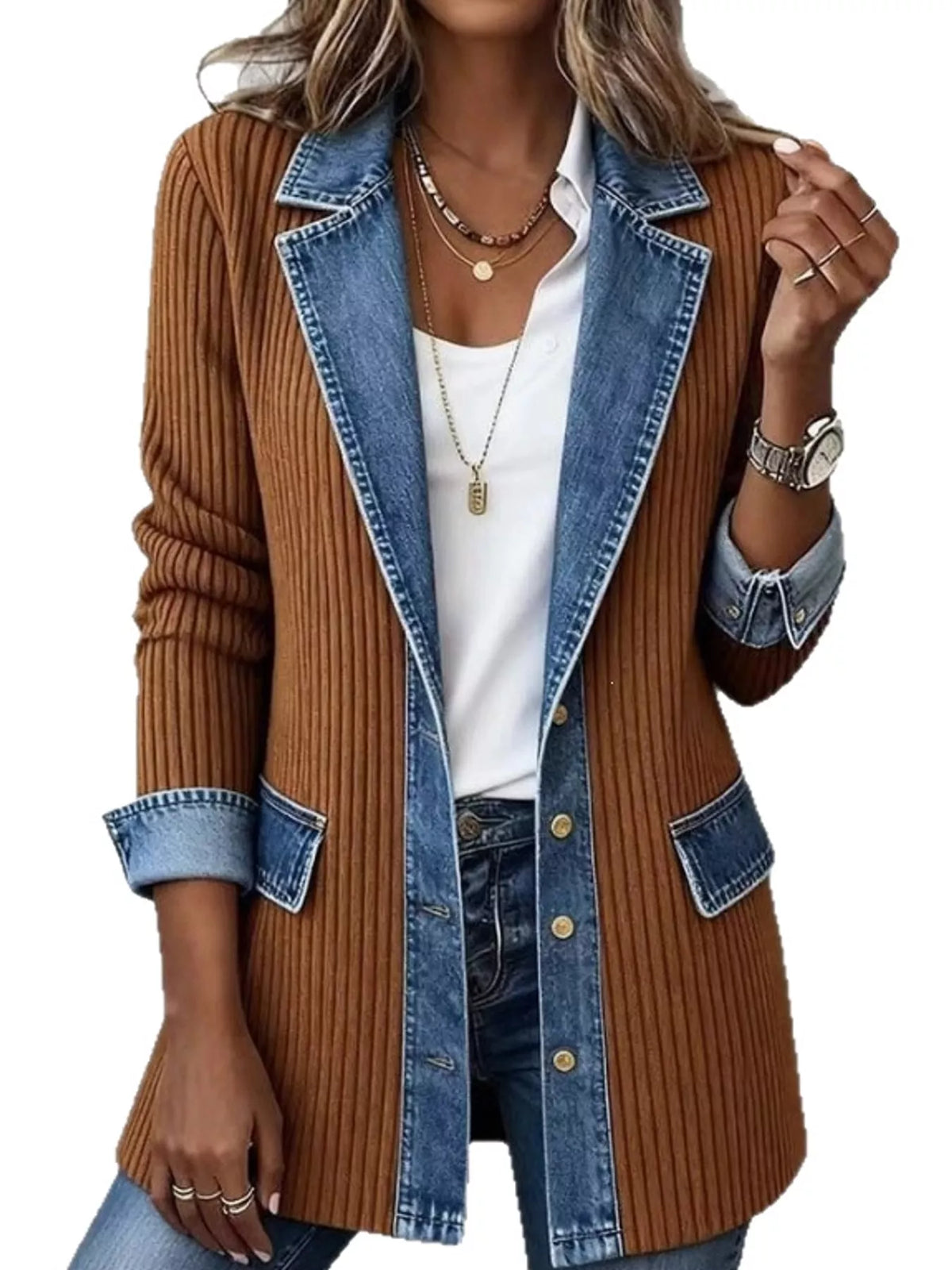 Full Size Denim Trim Ribbed Knit Cardigan Plus (7)