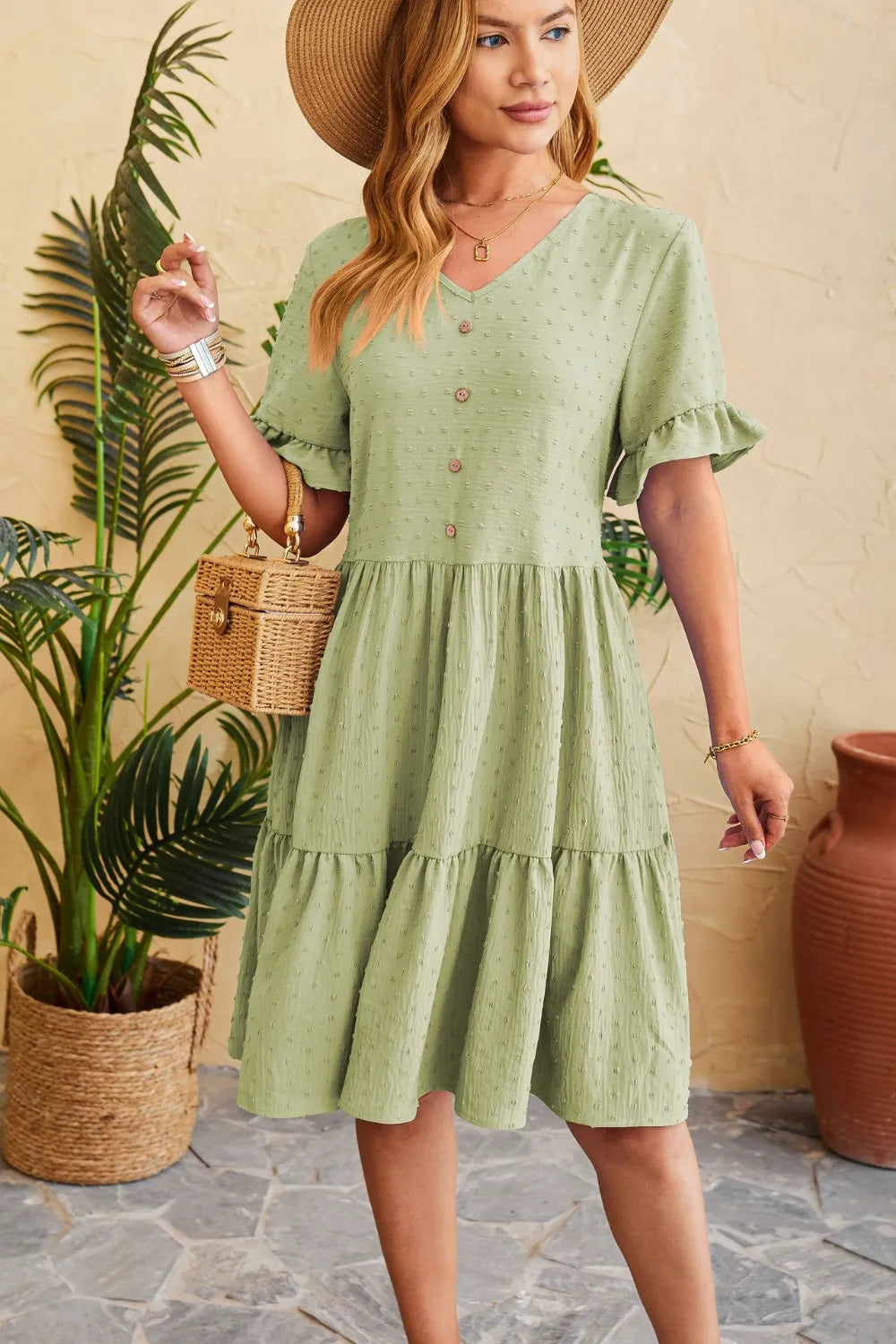 Swiss Dot Ruffled V-neck Tiered Dress (8)