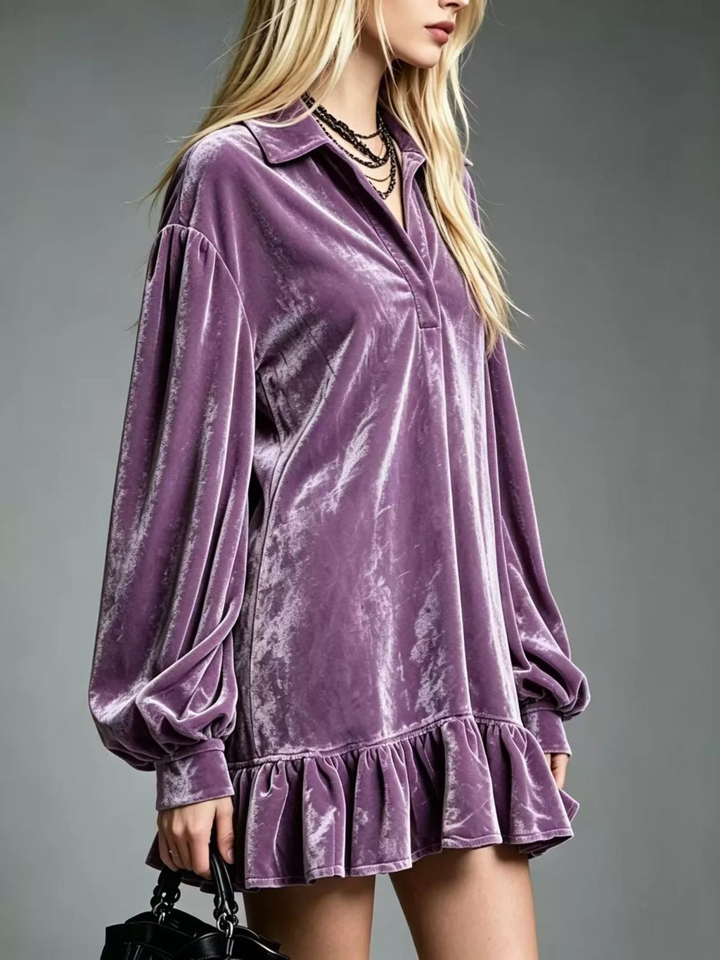 Full Size Velvet Ruffled Hem Long Sleeve Dress Plus (8)