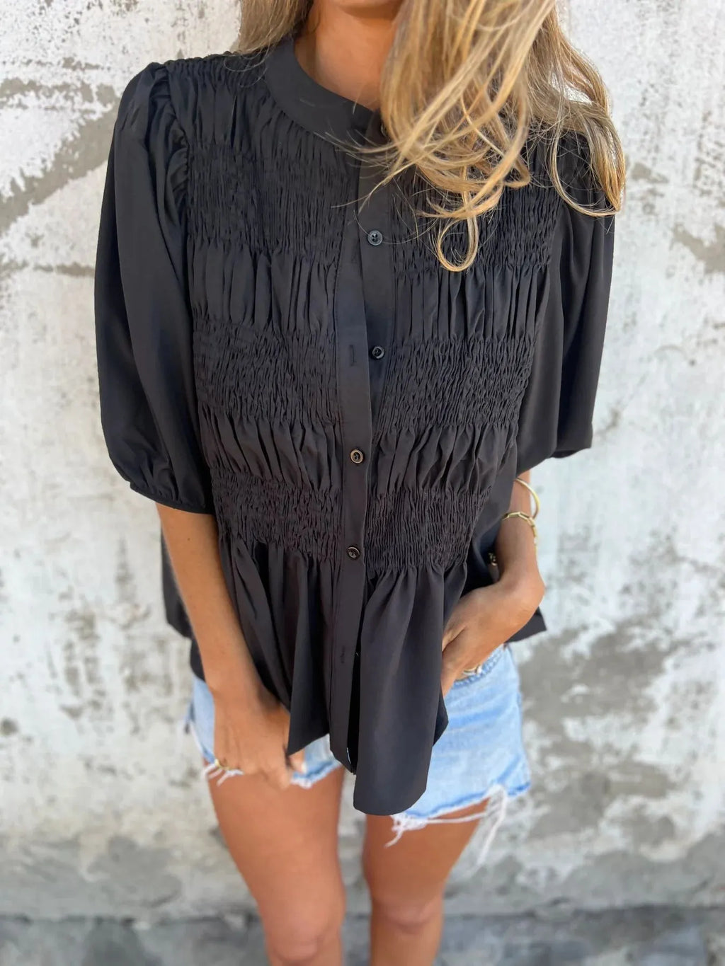 Full Size Smocked Button Front Puff Sleeve Shirt Plus (13)
