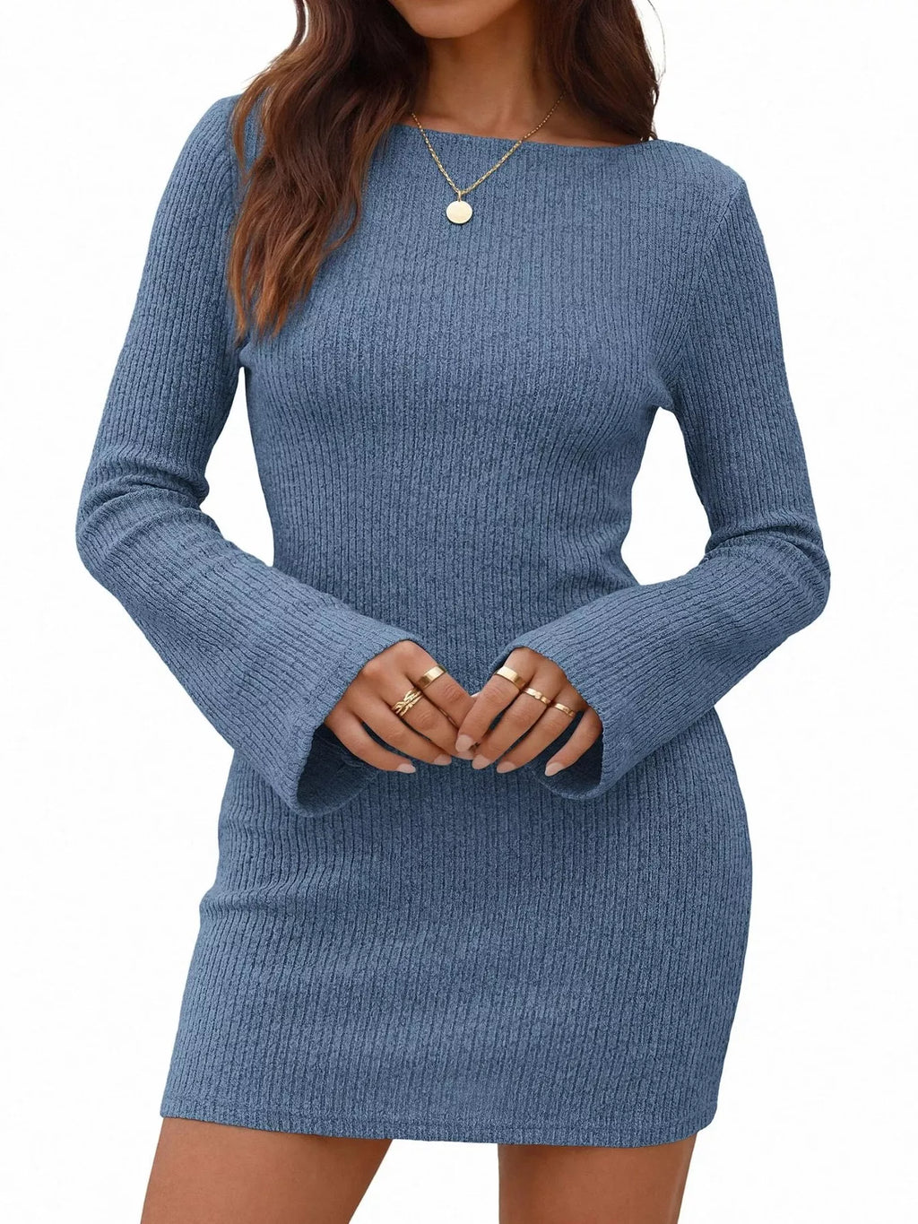 Ribbed Knit Long Sleeve Slim Fit Sweater Dress (5)