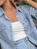 Button Up Long Sleeve Shirt Shorts Denim Set (6)