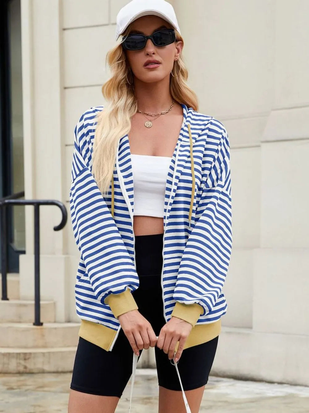 Drawstring Striped Zip Up Long Sleeve Hoodie (20)