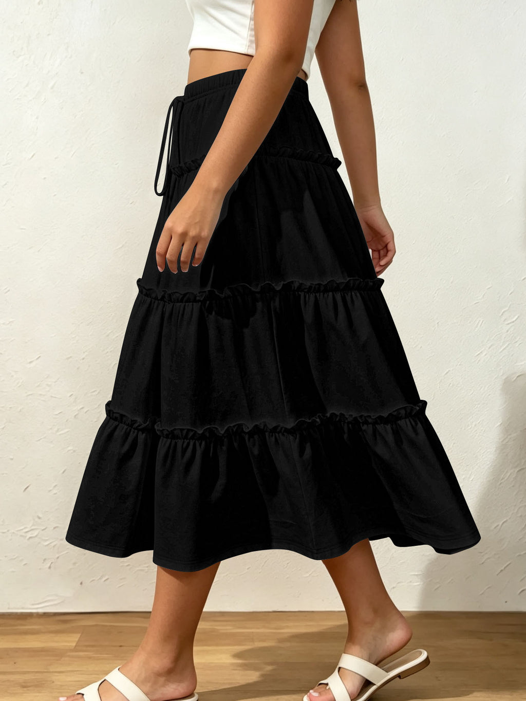 Drawstring Elastic Waist Loose Slimming Midi Tiered Skirt photo 1