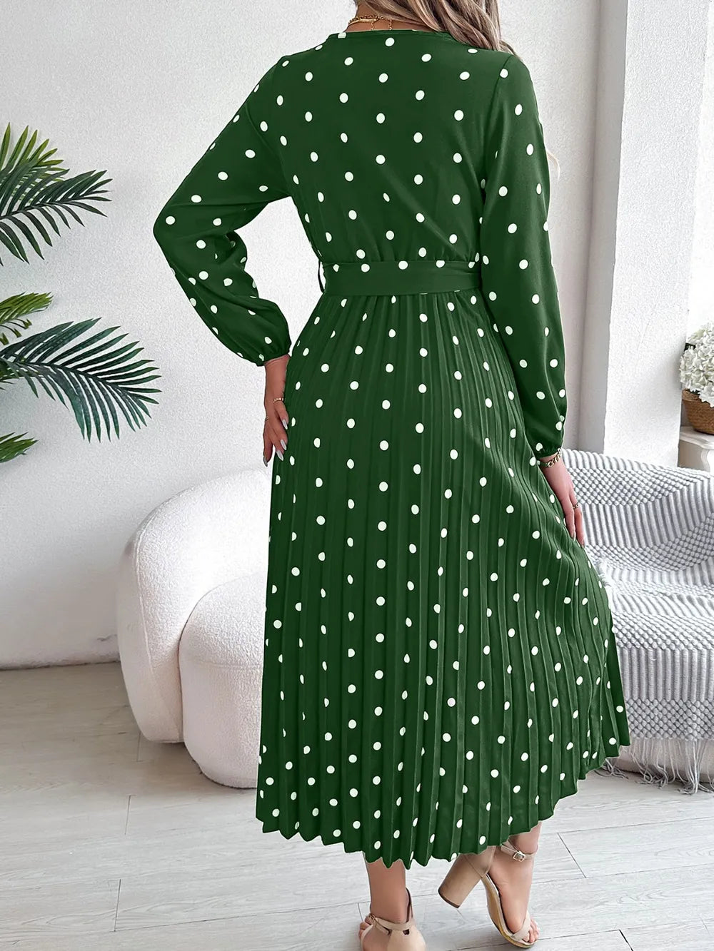 Tied Polka Dot Long Sleeve Midi Dress (17)