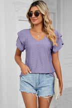Eyelet V-neck Short Sleeve T-shirt (3)
