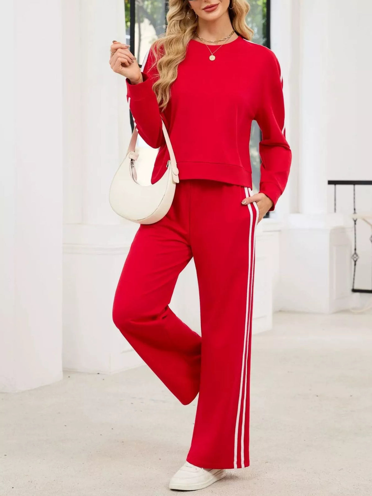 Striped Round Neck Sweatshirt Pants Set (15)