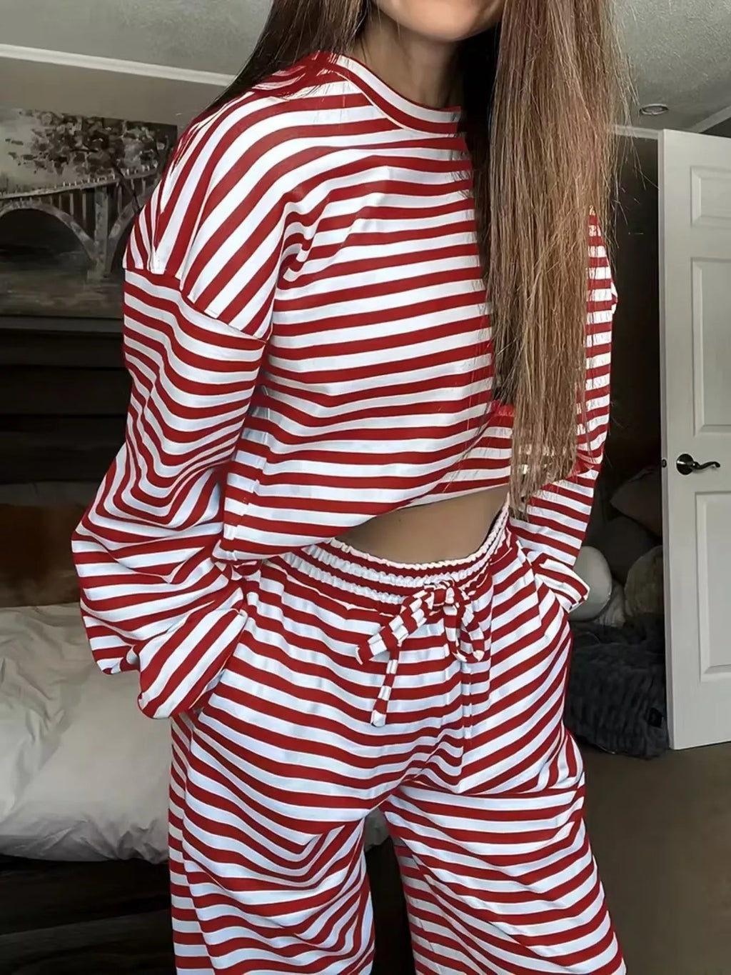 Striped Round Neck Top Pants Set (9)