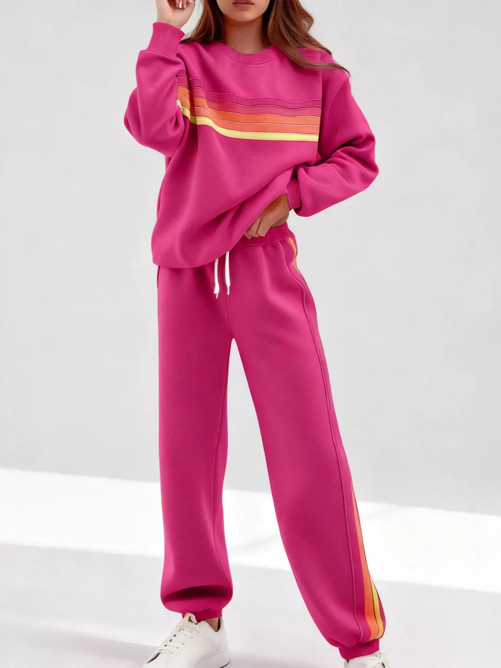 Striped Round Neck Sweatshirt Pants Set