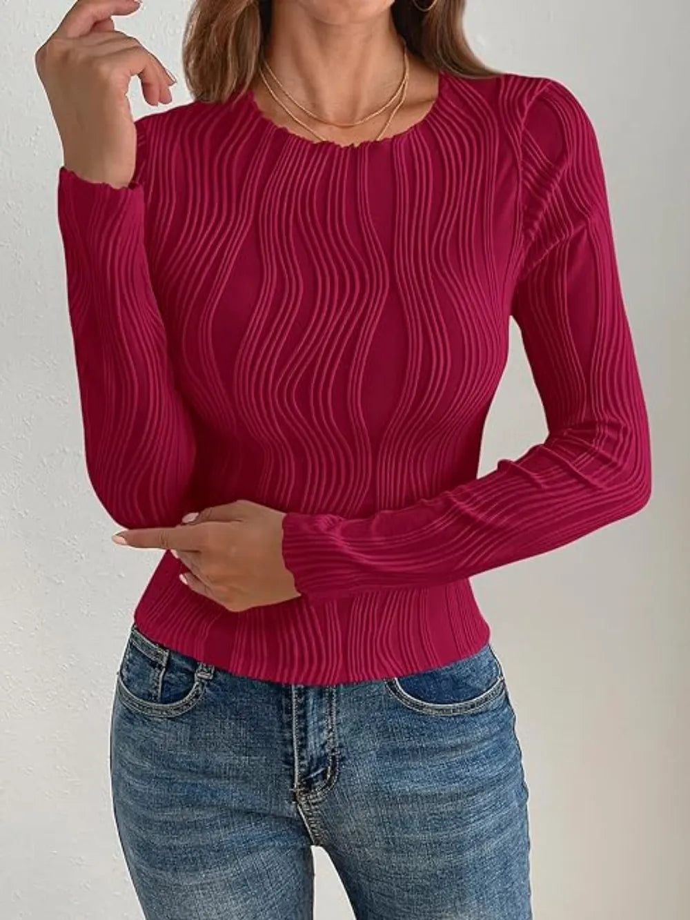 Textured Round Neck Long Sleeve Top (14)