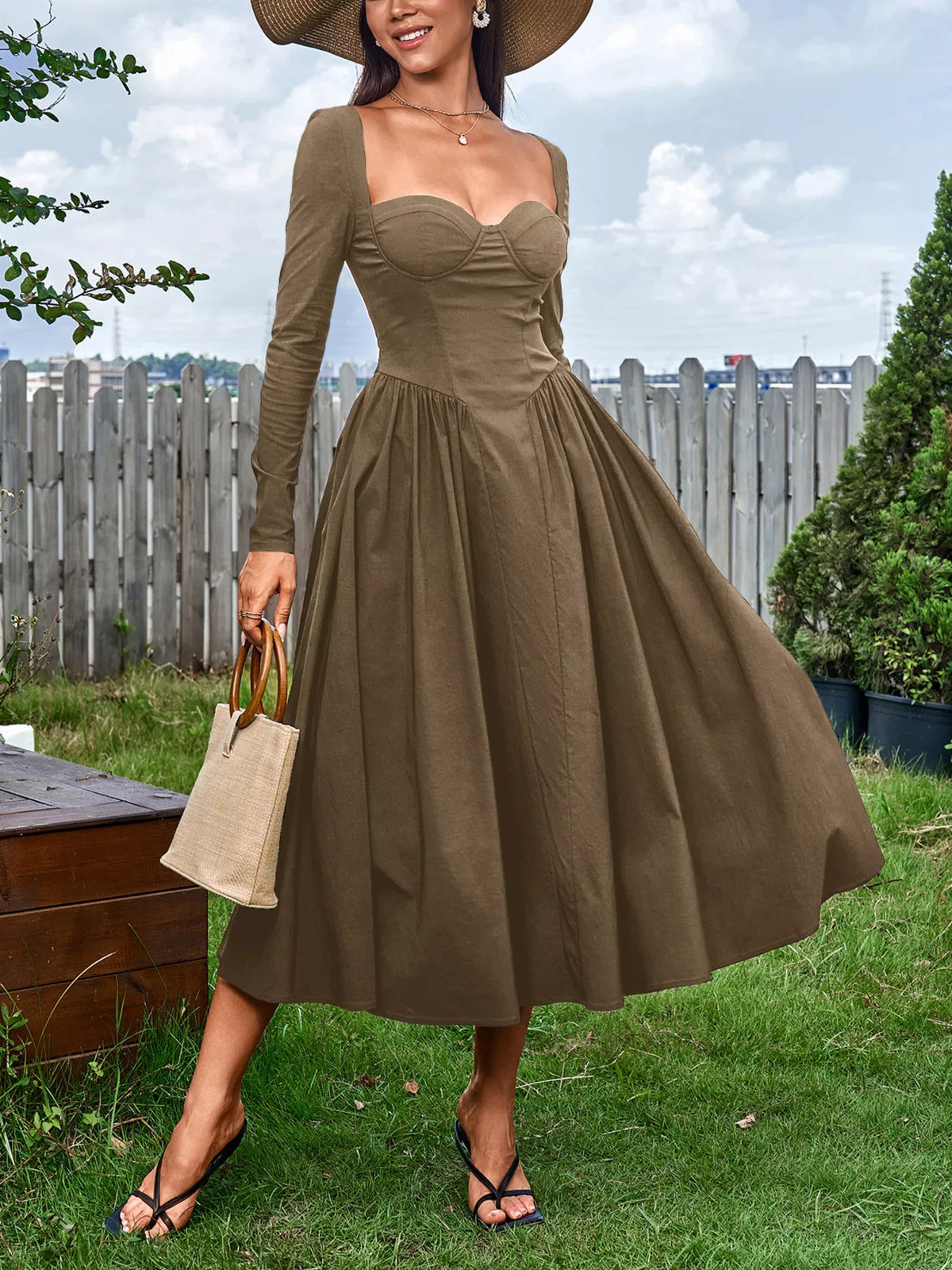 Sweetheart Neckline Long Sleeve A-line Midi Dress (10)