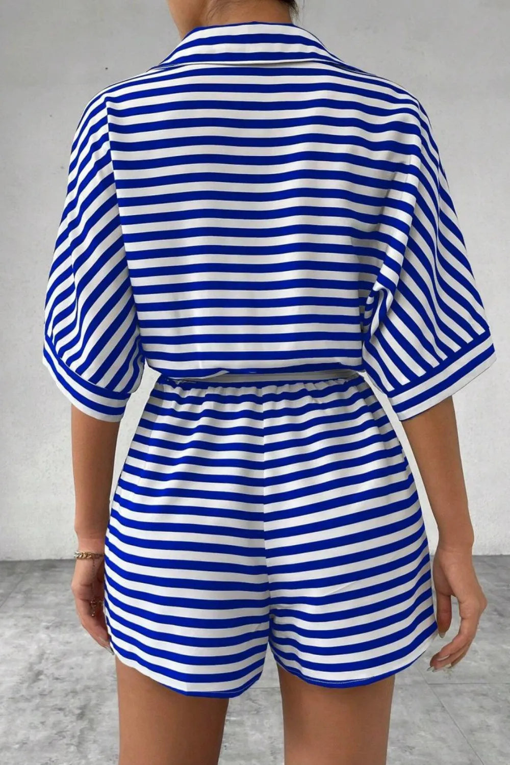 Striped Collared Neck Tie Waist Romper (2)