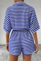 Striped Collared Neck Tie Waist Romper (2)