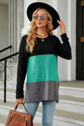 Block Round Neck Long Sleeve Slit T-shirt