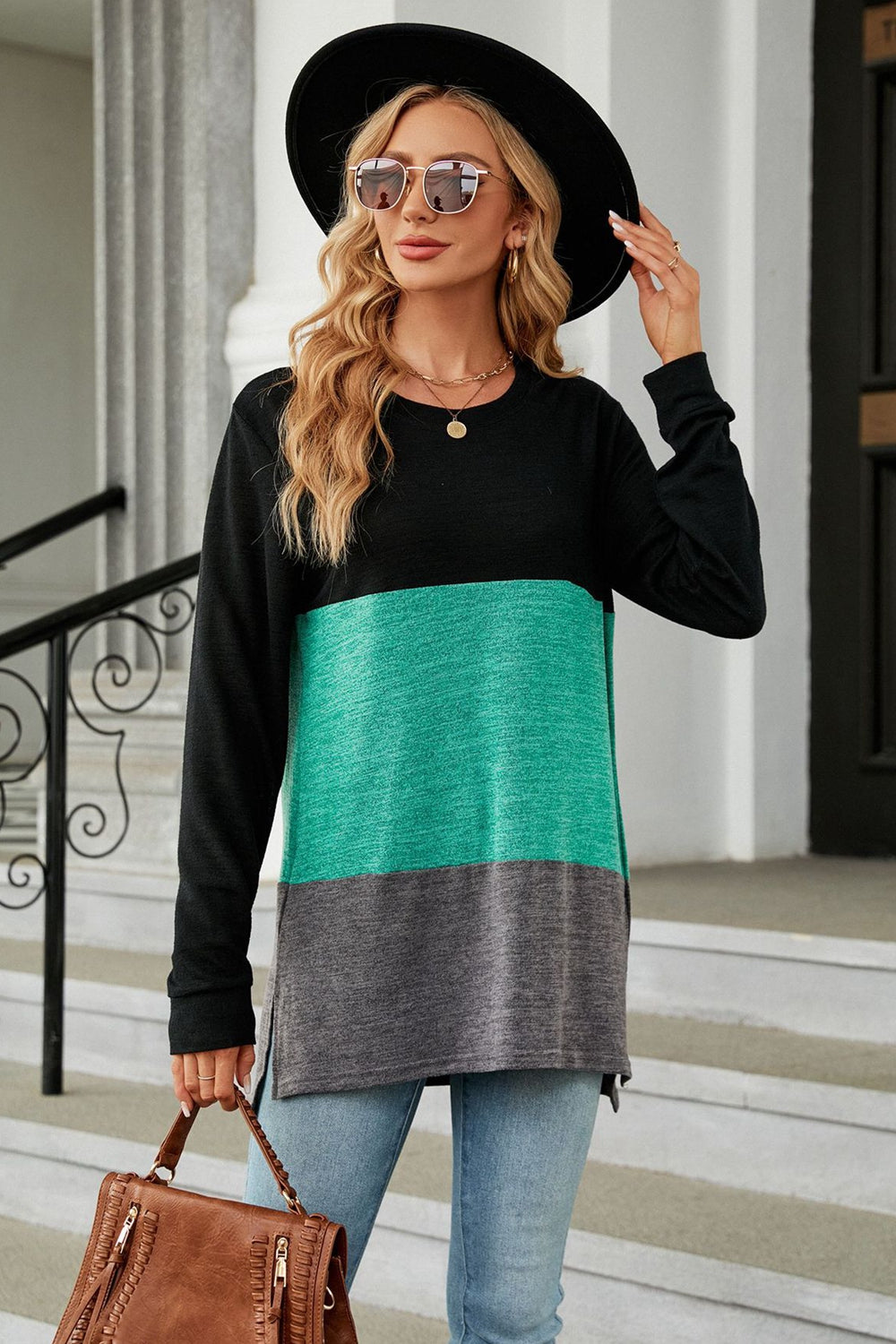 Block Round Neck Long Sleeve Slit T-shirt