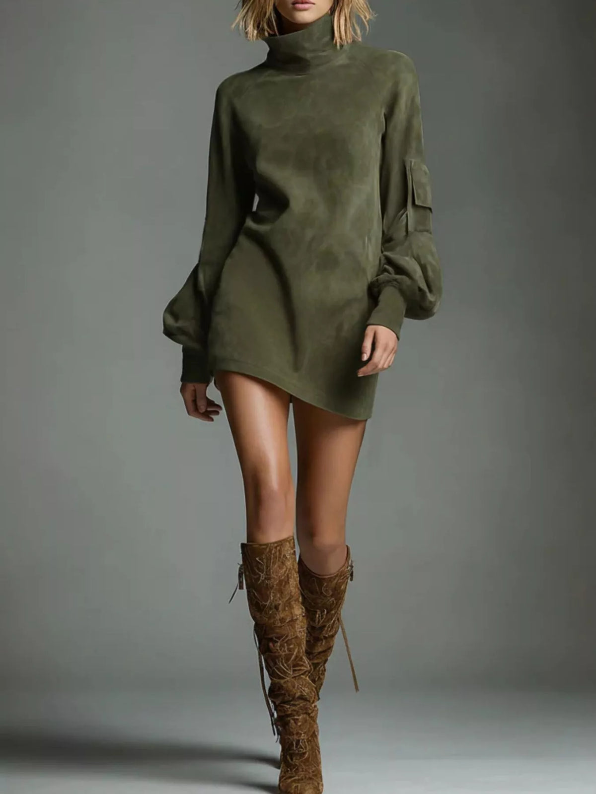 Turtleneck Lantern Sleeve Mini Dress Pockets (5)