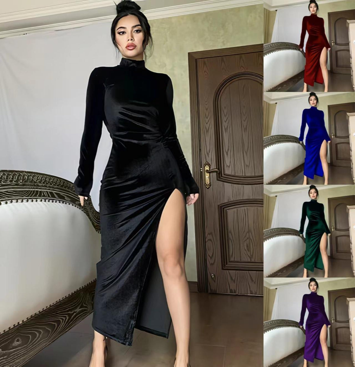 High Neck Long Velvet Dress Slim Slit photo 5