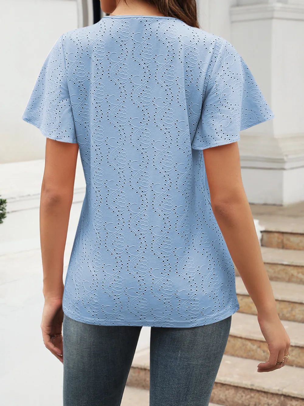 Eyelet V-neck Short Sleeve Blouse (5)