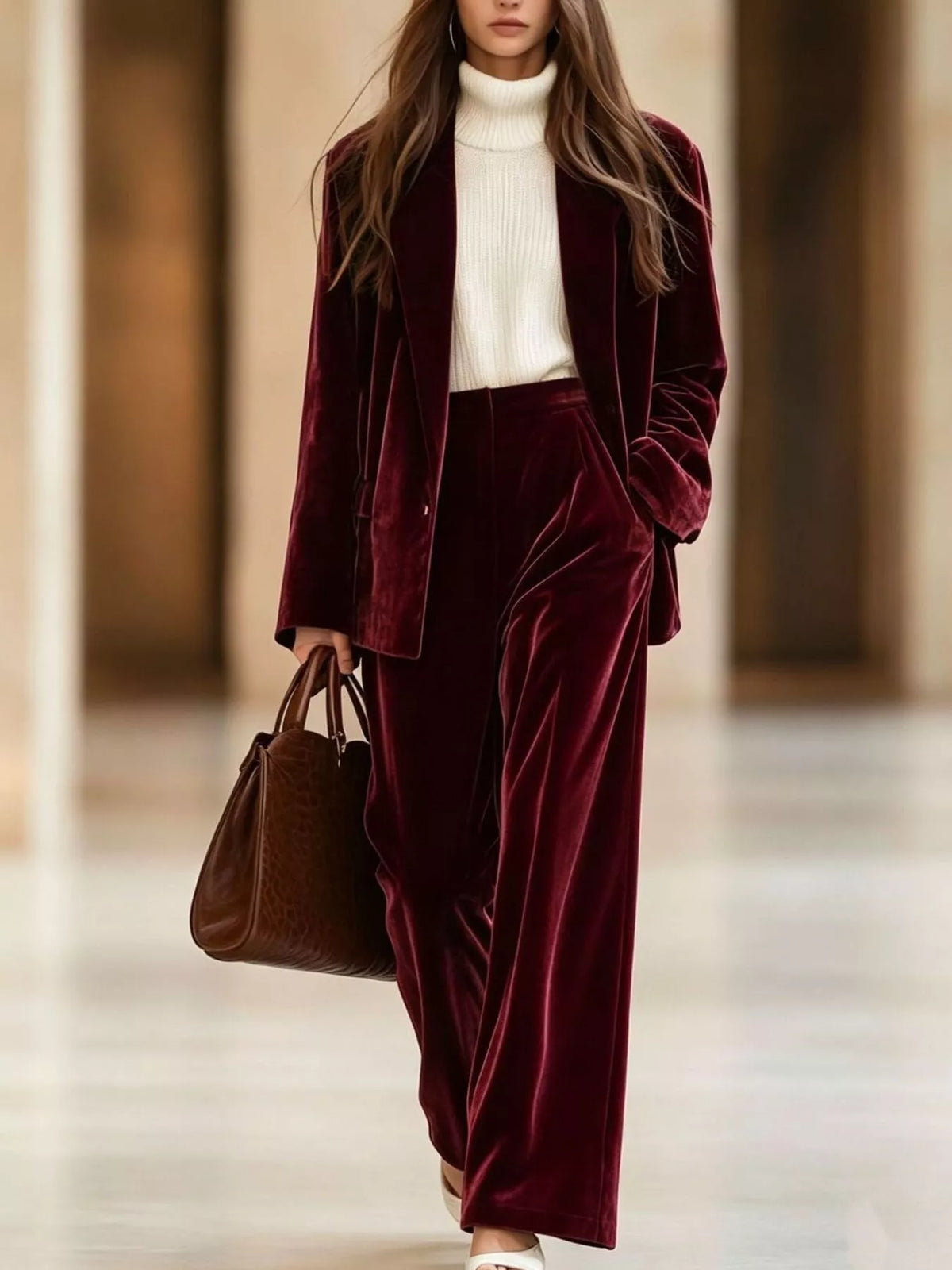 Velvet Blazer Wide-leg Pants Two-piece Set (13)