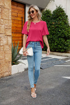 Pleated Flutter Sleeve Round Neck Blouse (5)