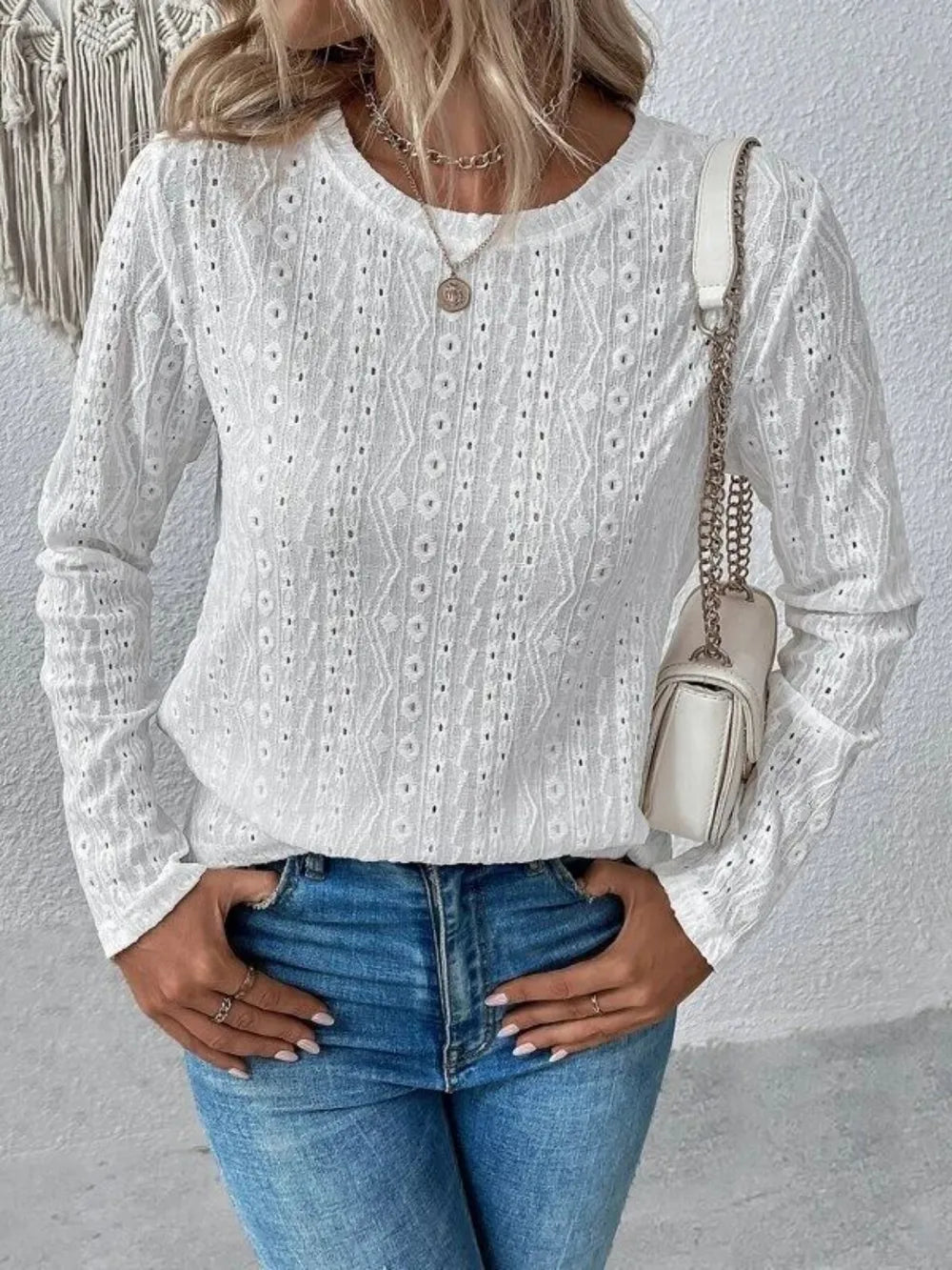 Eyelet Round Neck Long Sleeve Blouse (4)