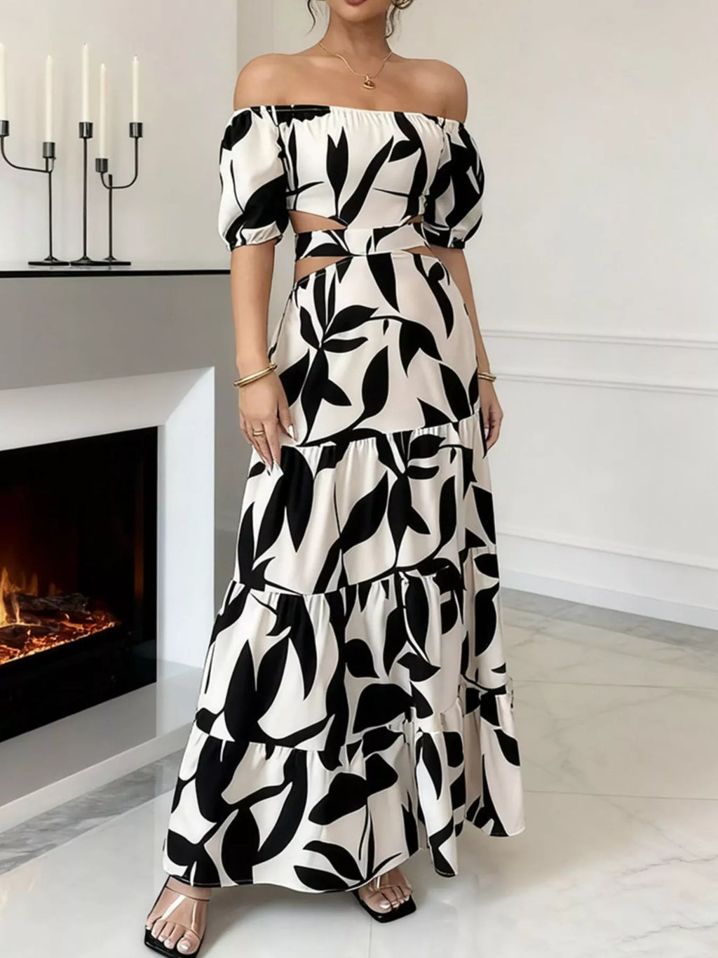 Off-shoulder Cutout Leaf Print Maxi Dress