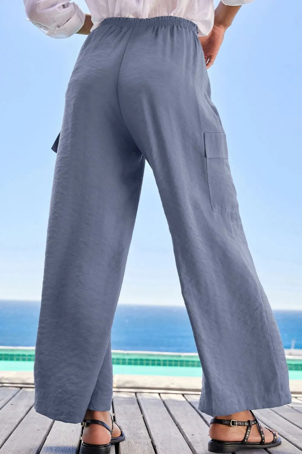 Drawstring Frilled Waist Wide Leg Utility Trousers (18)
