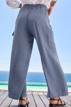 Drawstring Frilled Waist Wide Leg Utility Trousers (18)