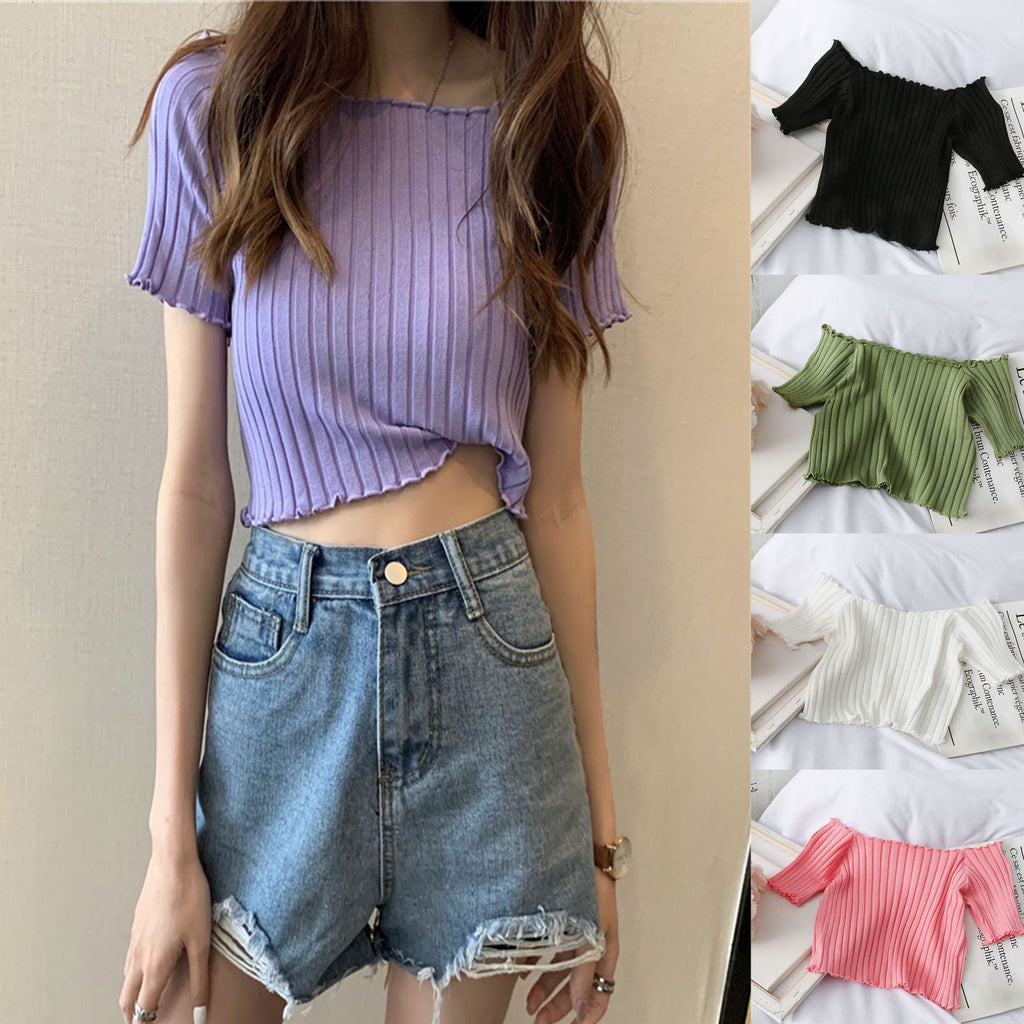 Off-shoulder Knitted Bottoming Shirt Top photo 1