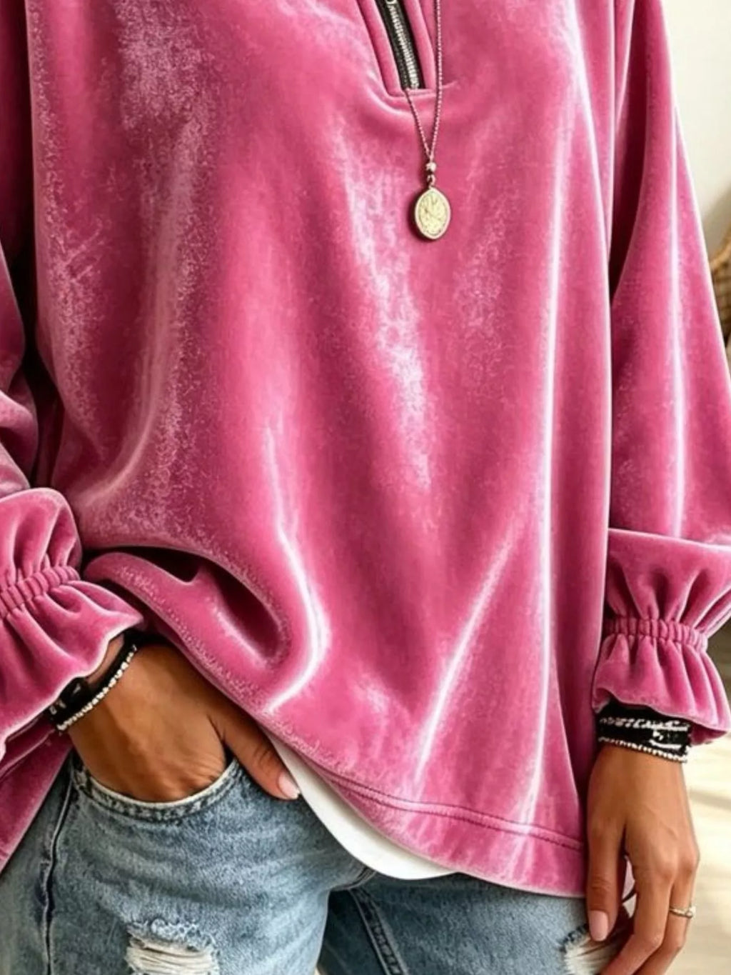 Velvet Quarter-zip Sweatshirt Ruffled Cuffs (9)