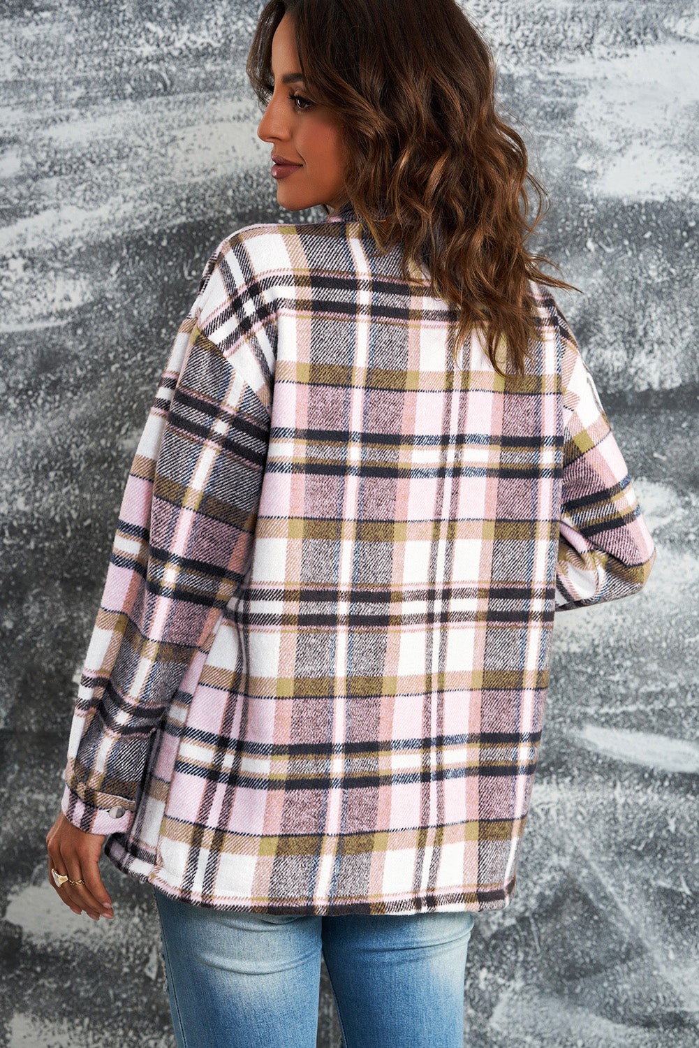 Plaid Button Front Shirt Jacket Breast Pockets (9)