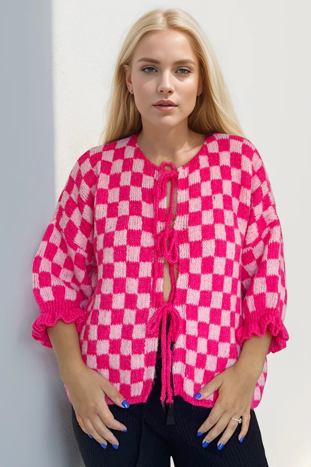 Tied Checkered Dropped Shoulder Flounce Sleeve Cardigan (3)