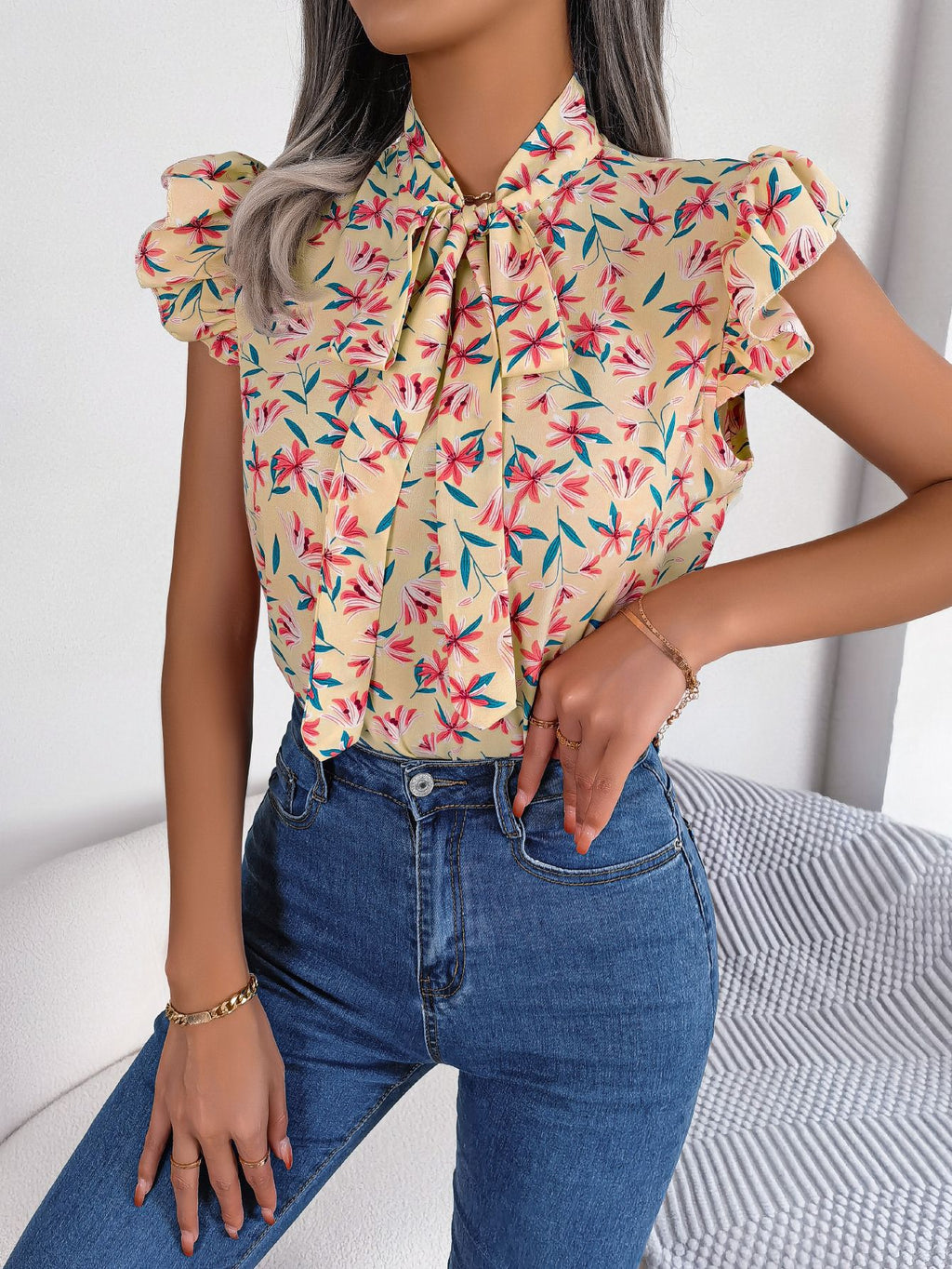Floral Tie Neck Flutter Sleeve Blouse (3)