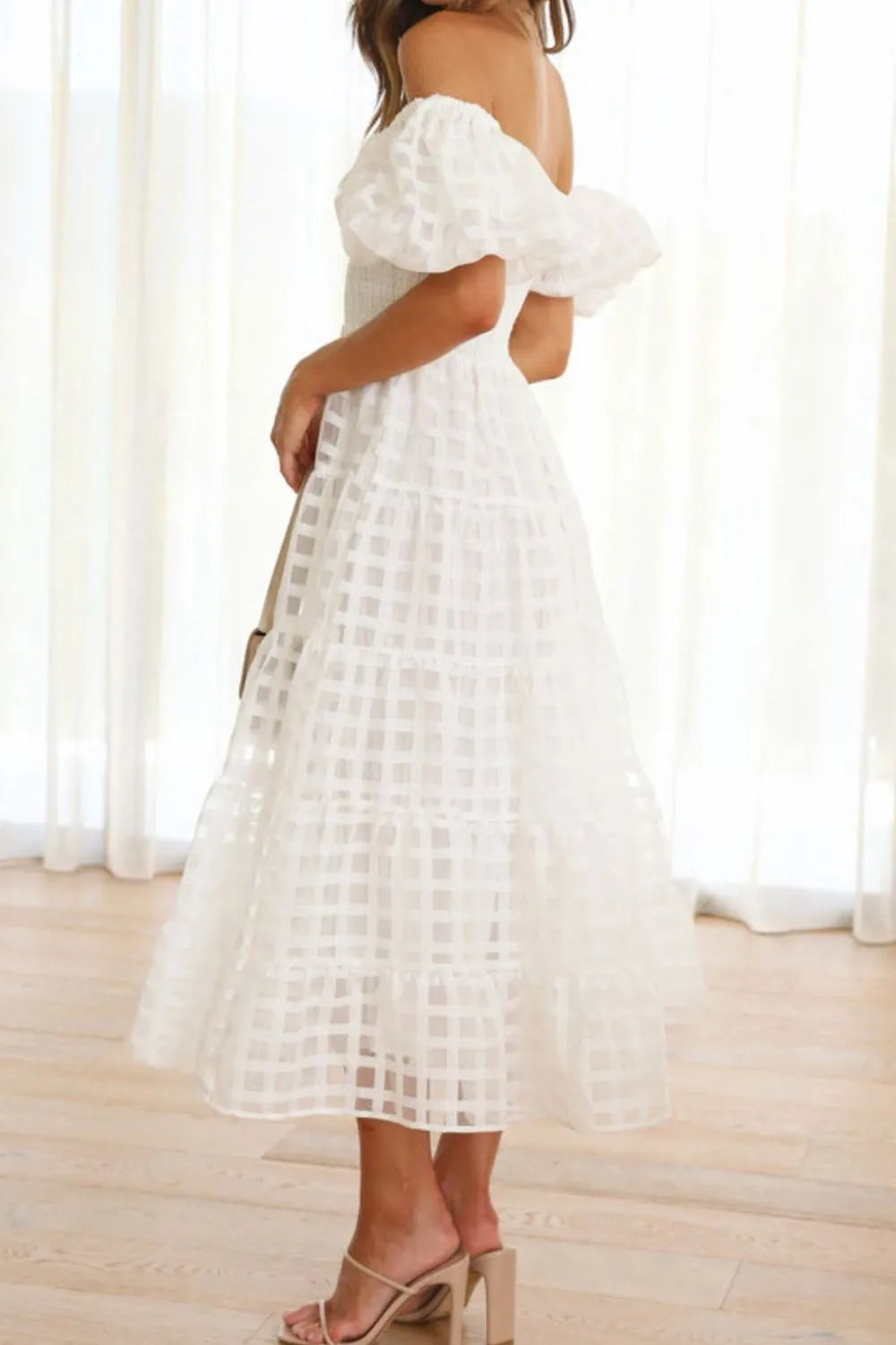 Off Shoulder Short Puff Sleeve Midi Dress (15)