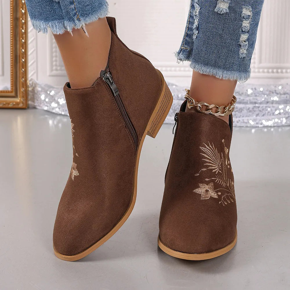 Embroidered Suede Point Toe Block Heel Boots (2)