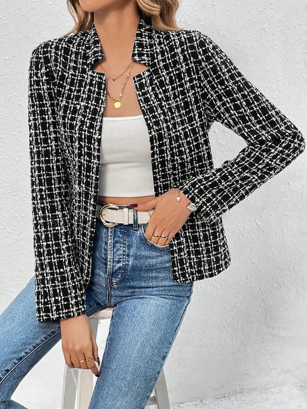 Plaid Open Front Long Sleeve Jacket (10)