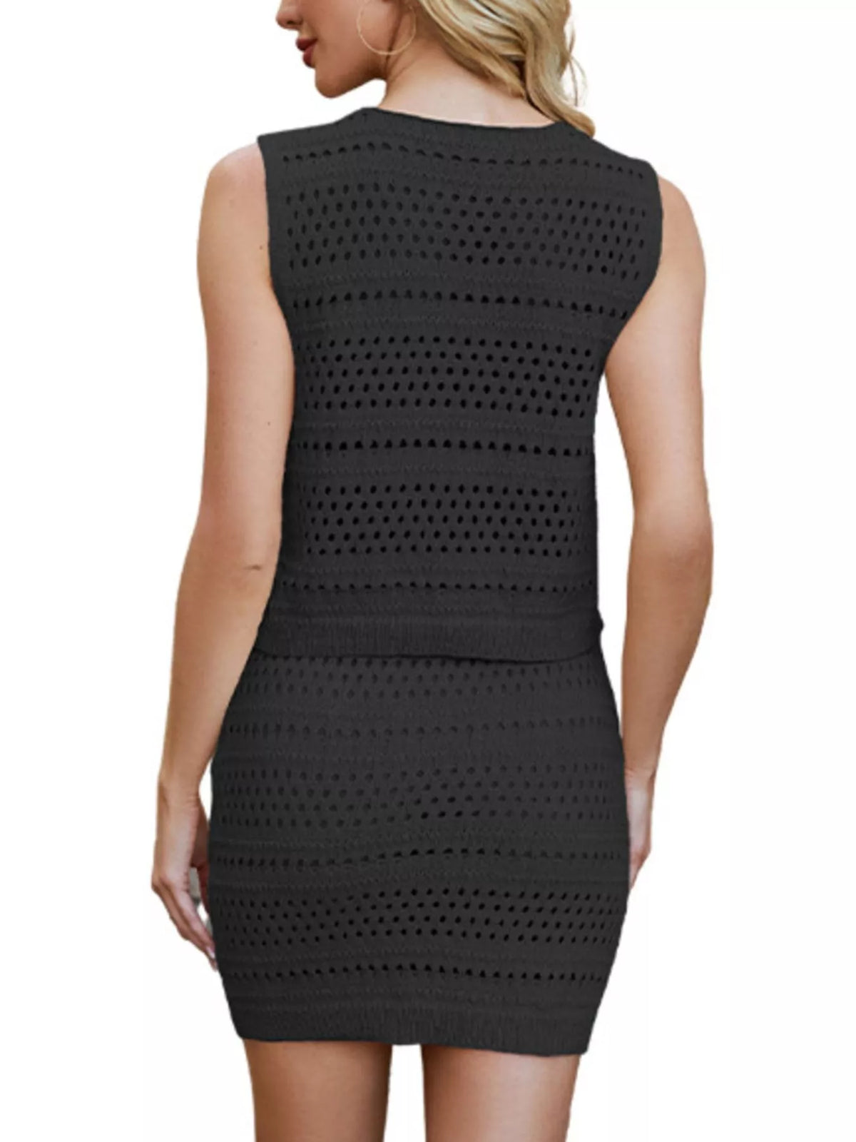 Crochet Knit Tie-front Tank Mini Skirt Set (6)