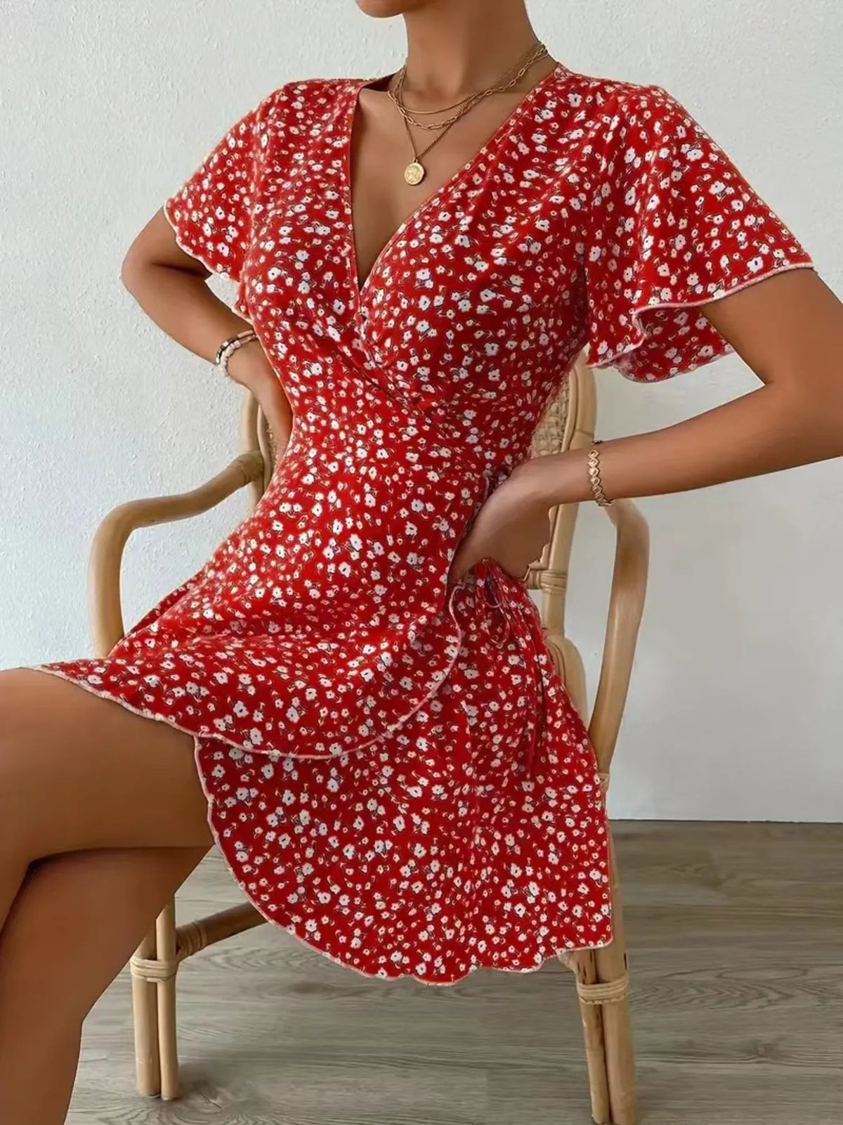 Floral Flutter Sleeve Wrap Mini Dress (7)