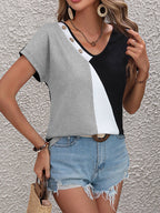 Block Decorative Button V-neck Tee (3)